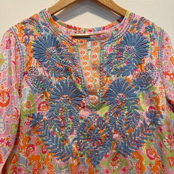 Gretchen Scott Silk Hand Embroidered Tunic Watteau Women’s L  Boho Colorful Top - Picture 5 of 10